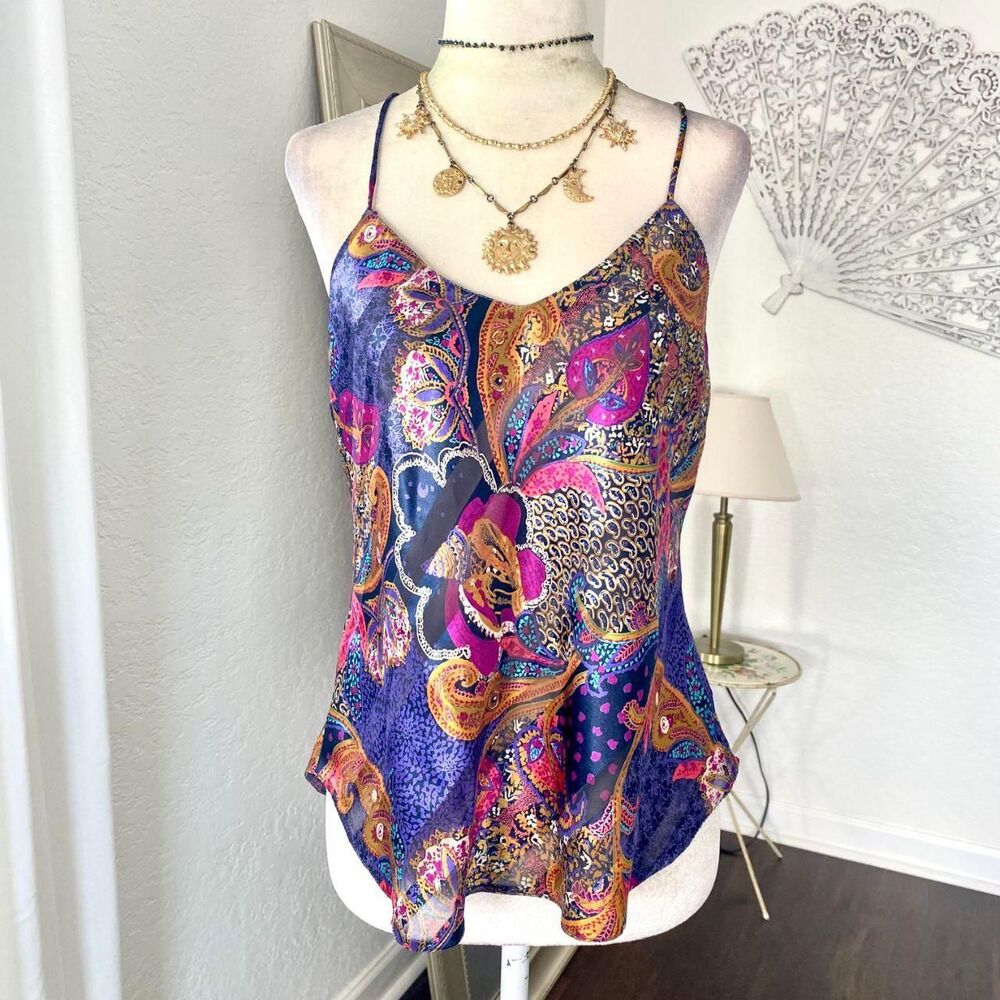 Early 2000's Multi Ethereal Bohemian Satin Patchwork Celestial Camisole Top M L